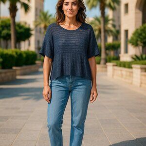 J Pure Jill Kimono Womens Petite Size XS Blue White 3/4 Sleeve Knit Sweater Top